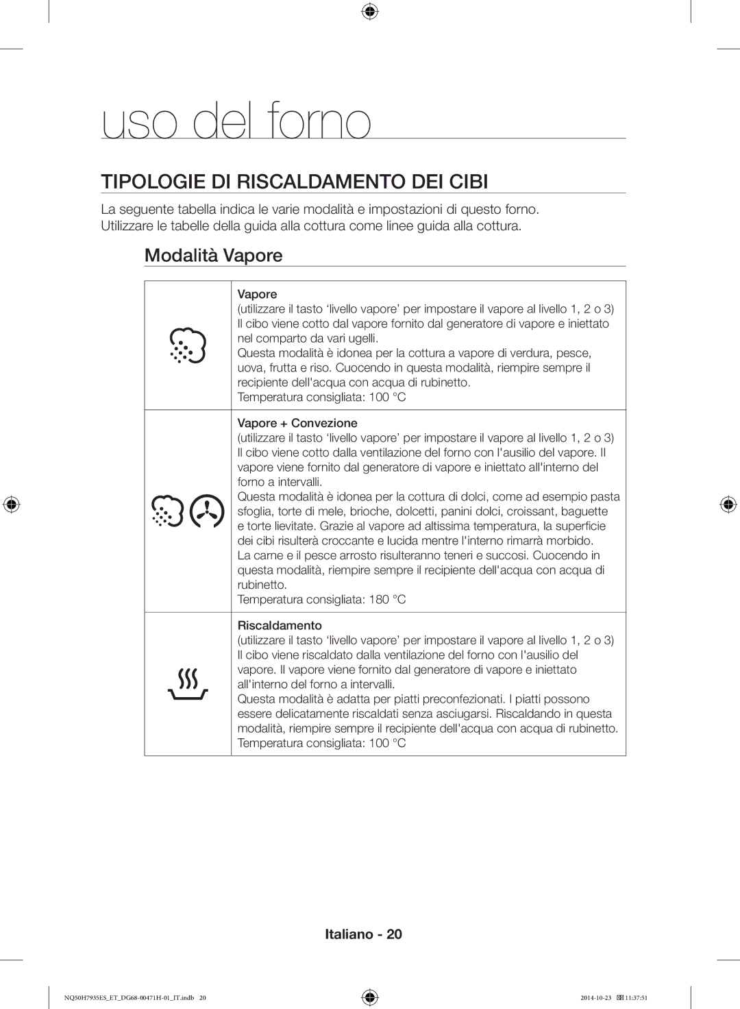 Samsung NQ50H7935ES/ET manual Tipologie DI Riscaldamento DEI Cibi, Modalità Vapore 