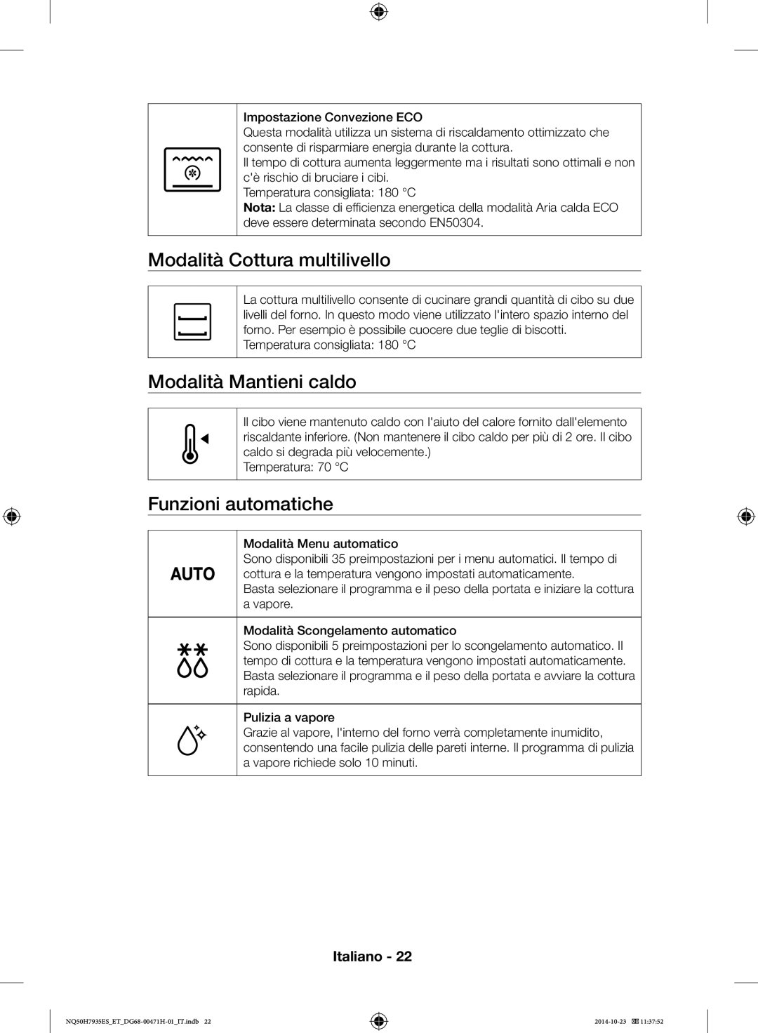 Samsung NQ50H7935ES/ET manual Modalità Cottura multilivello, Modalità Mantieni caldo, Funzioni automatiche 