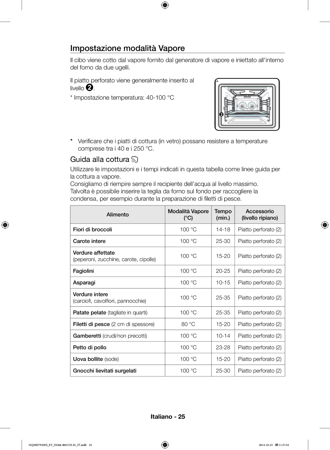 Samsung NQ50H7935ES/ET manual Impostazione modalità Vapore, Guida alla cottura 