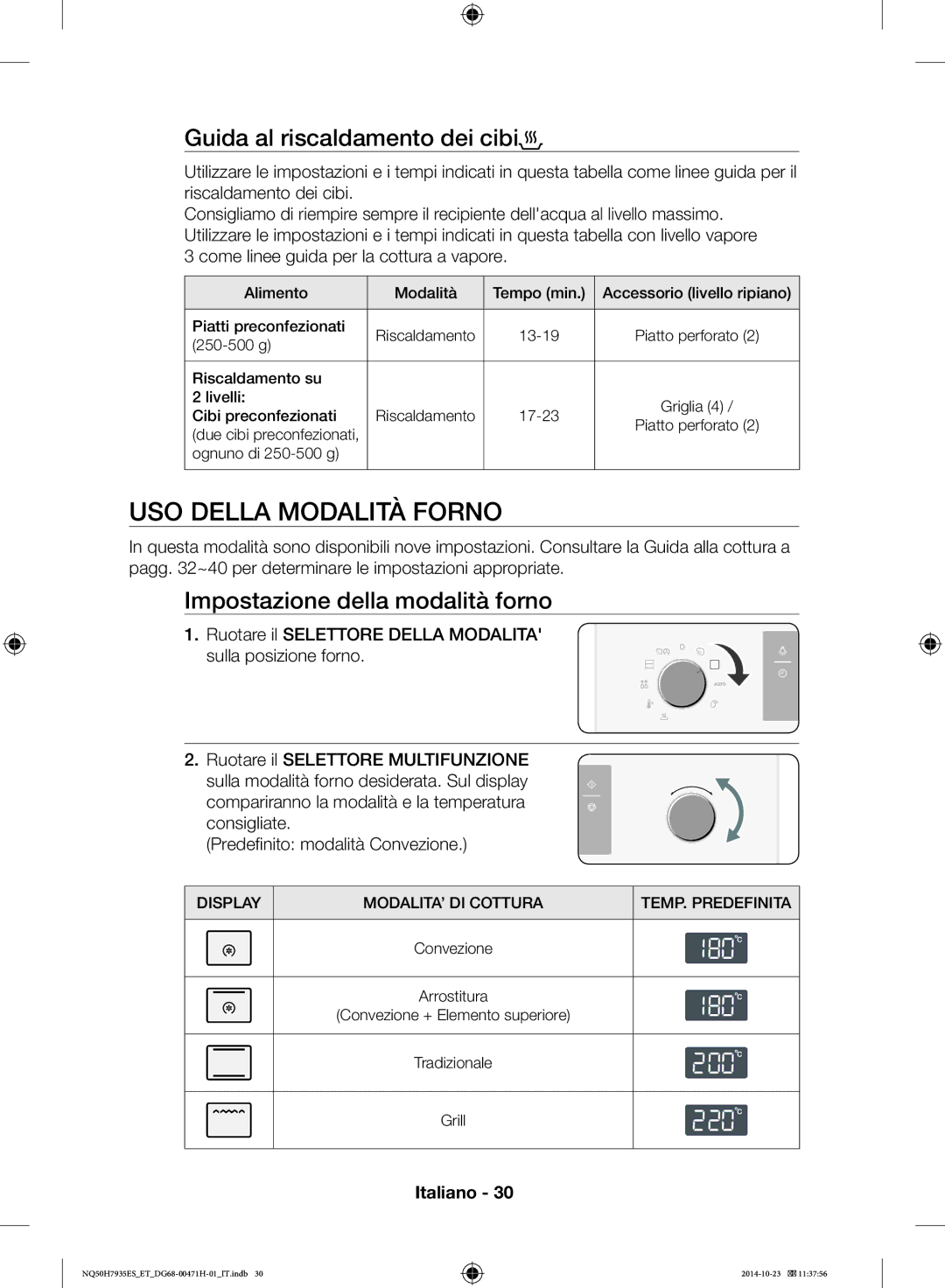 Samsung NQ50H7935ES/ET manual USO Della Modalità Forno, Guida al riscaldamento dei cibi, Impostazione della modalità forno 