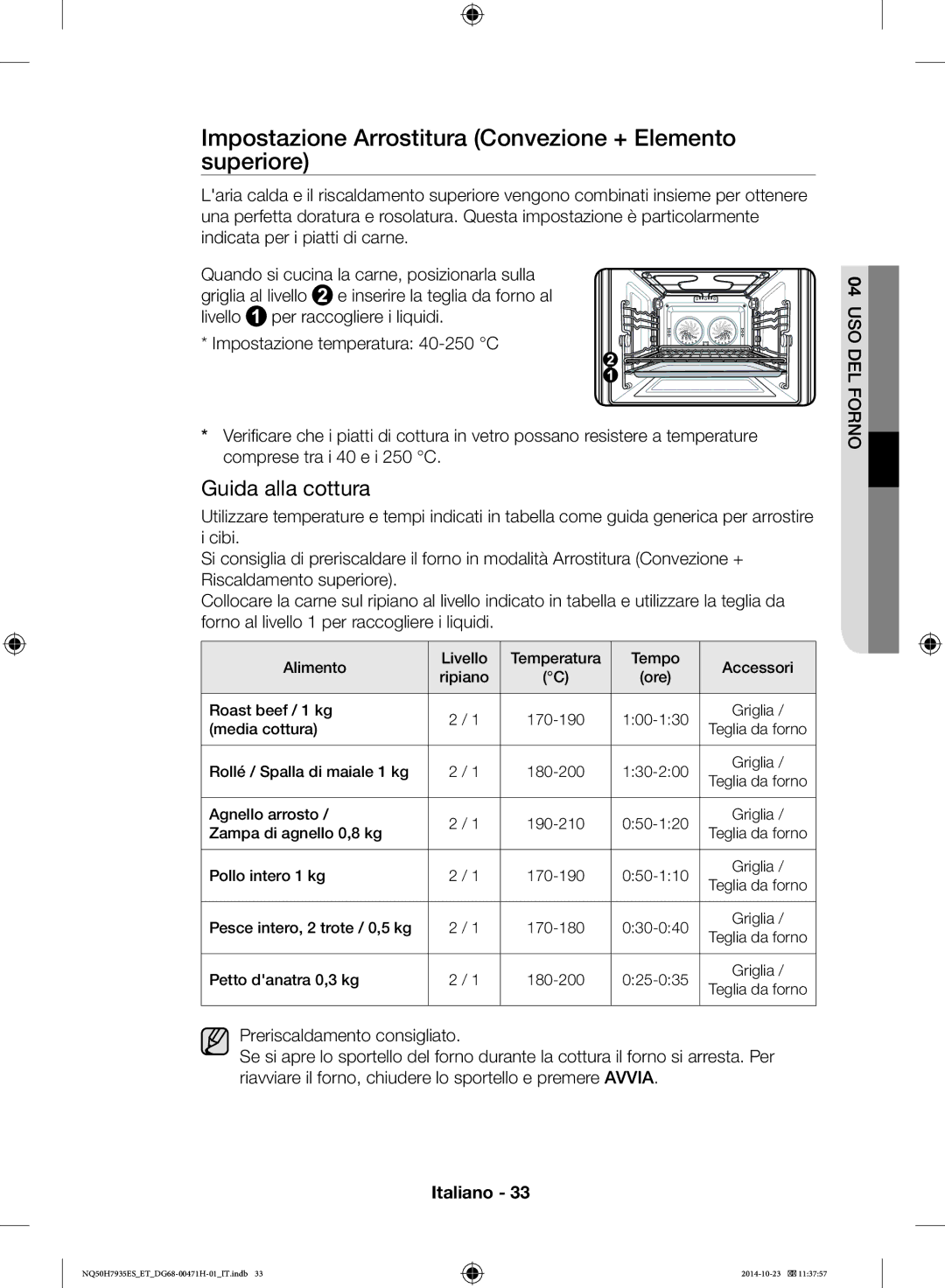 Samsung NQ50H7935ES/ET manual Impostazione Arrostitura Convezione + Elemento superiore 