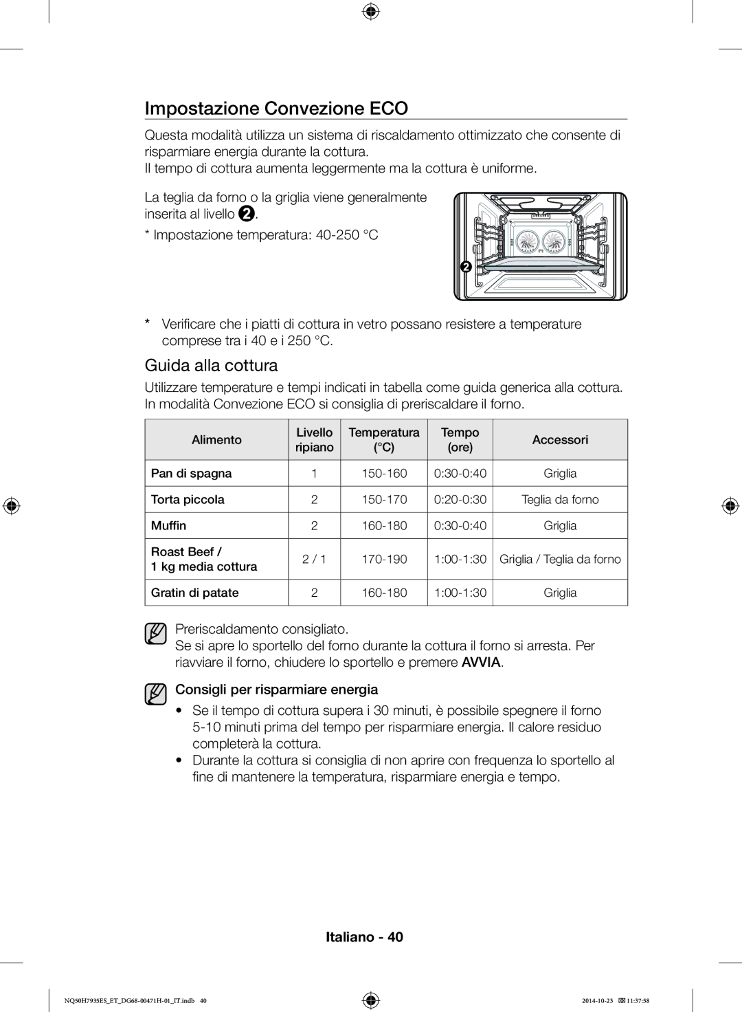 Samsung NQ50H7935ES/ET manual Impostazione Convezione ECO 