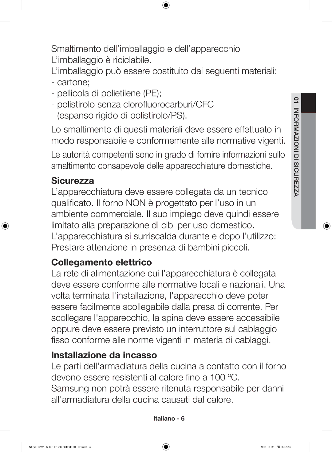 Samsung NQ50H7935ES/ET manual Sicurezza 