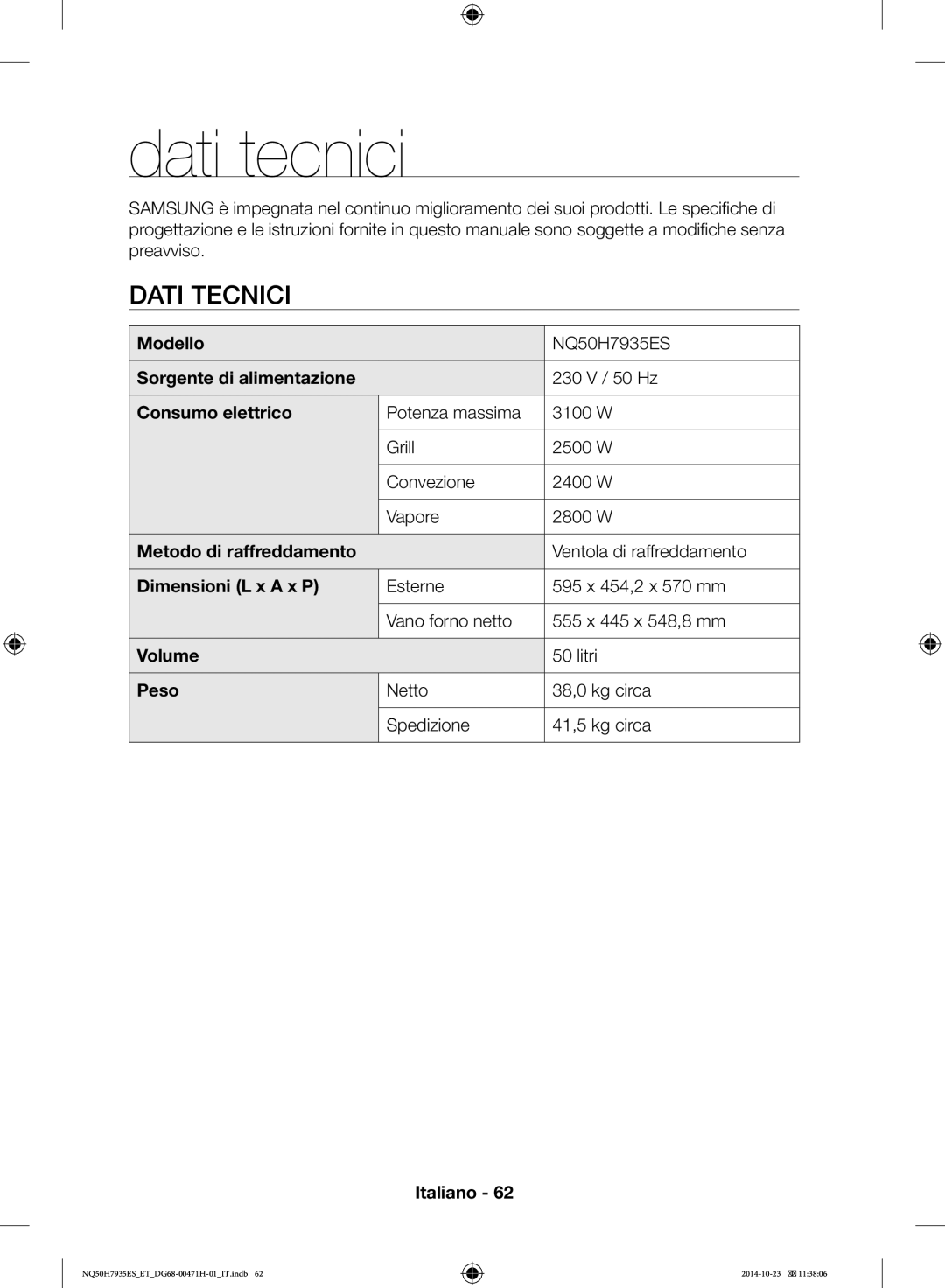 Samsung NQ50H7935ES/ET manual Dati tecnici, Dati Tecnici 