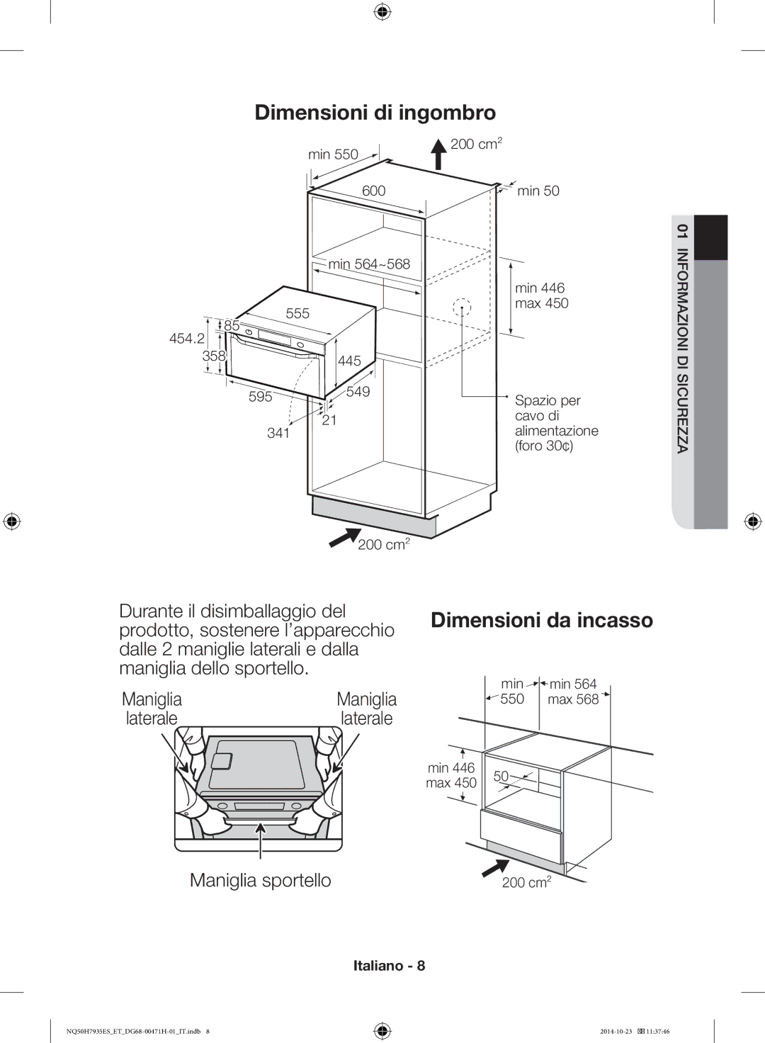 Samsung NQ50H7935ES/ET manual Dimensioni di ingombro, Maniglia sportello 