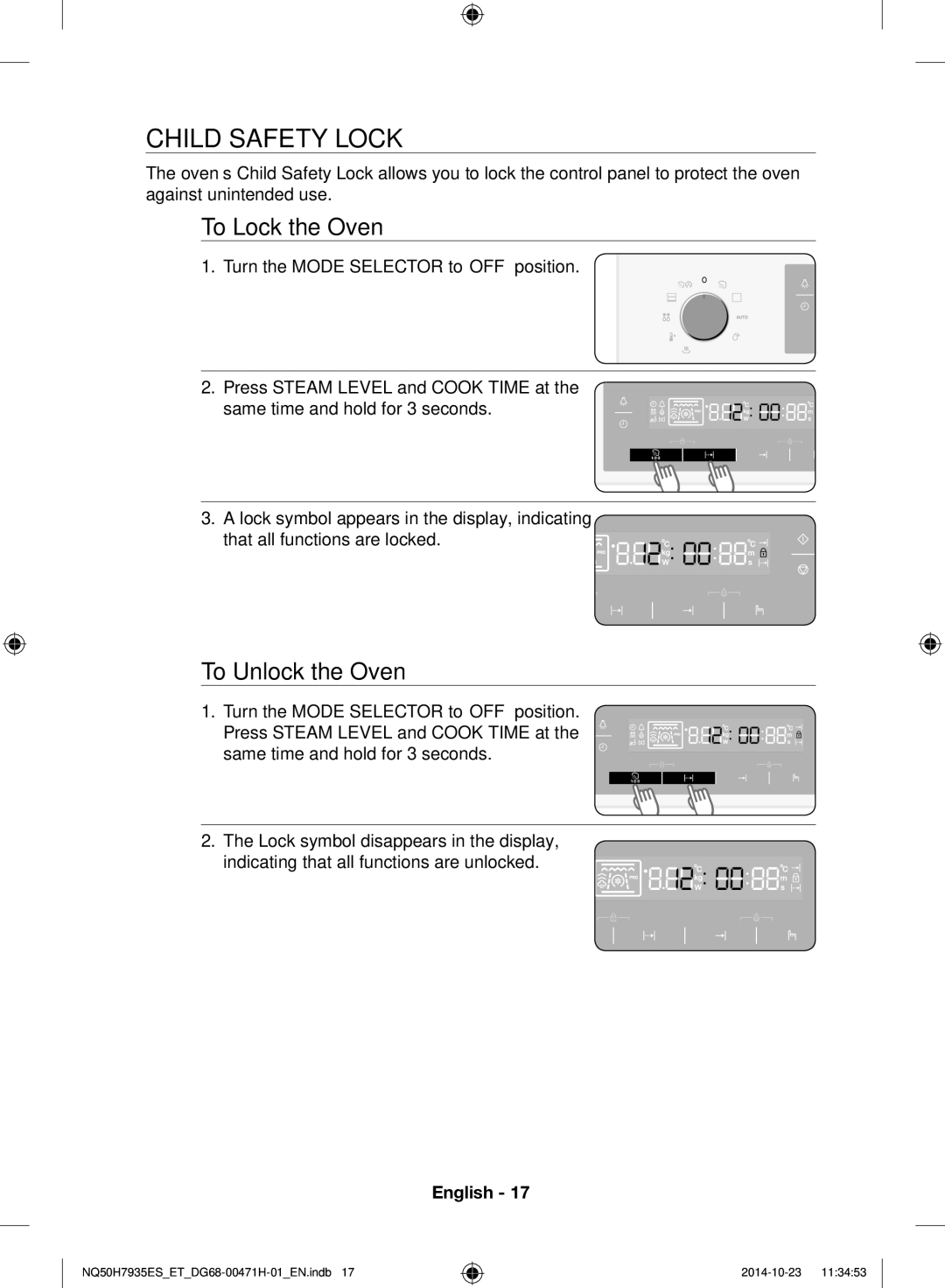 Samsung NQ50H7935ES/ET manual Child Safety Lock, To Lock the Oven, To Unlock the Oven 