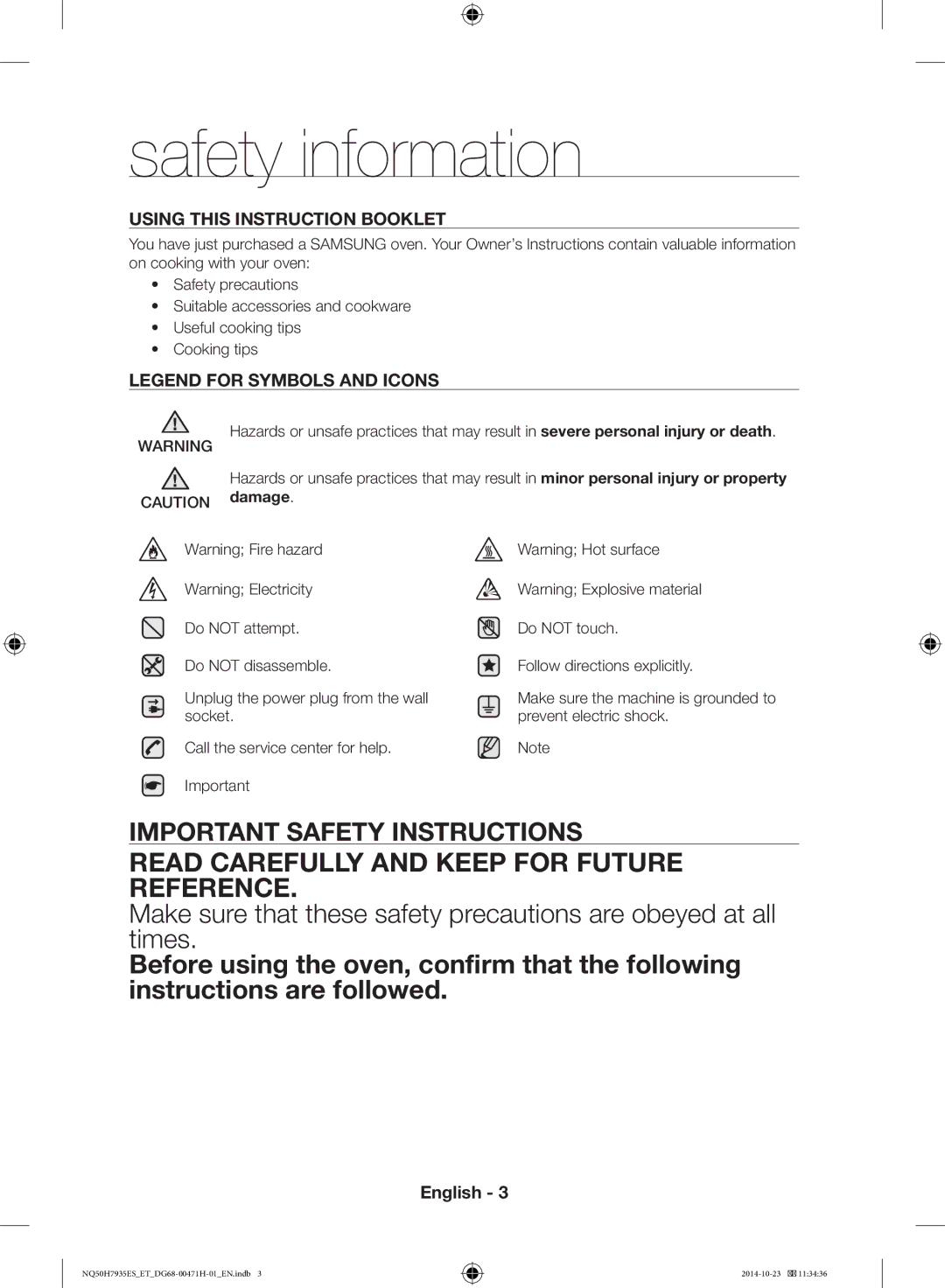 Samsung NQ50H7935ES/ET manual Safety information 