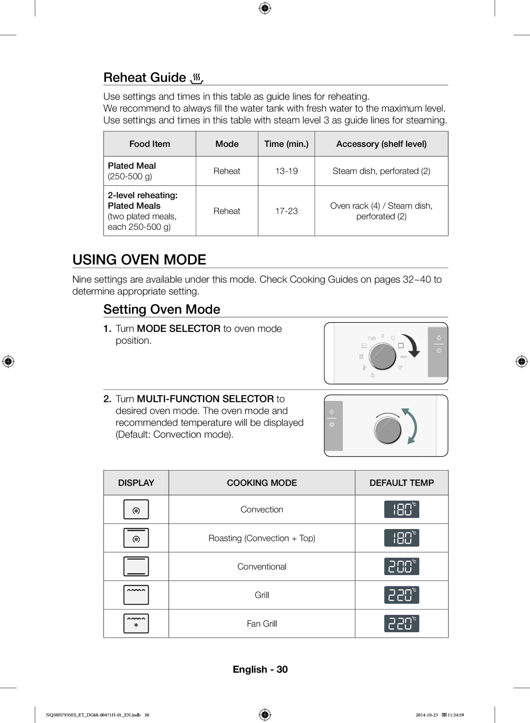 Samsung NQ50H7935ES/ET manual Using Oven Mode, Reheat Guide, Setting Oven Mode 