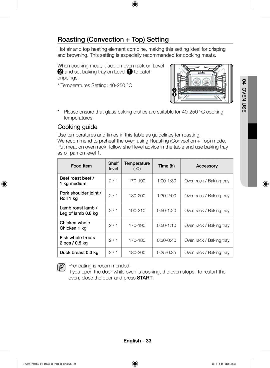 Samsung NQ50H7935ES/ET manual Roasting Convection + Top Setting 