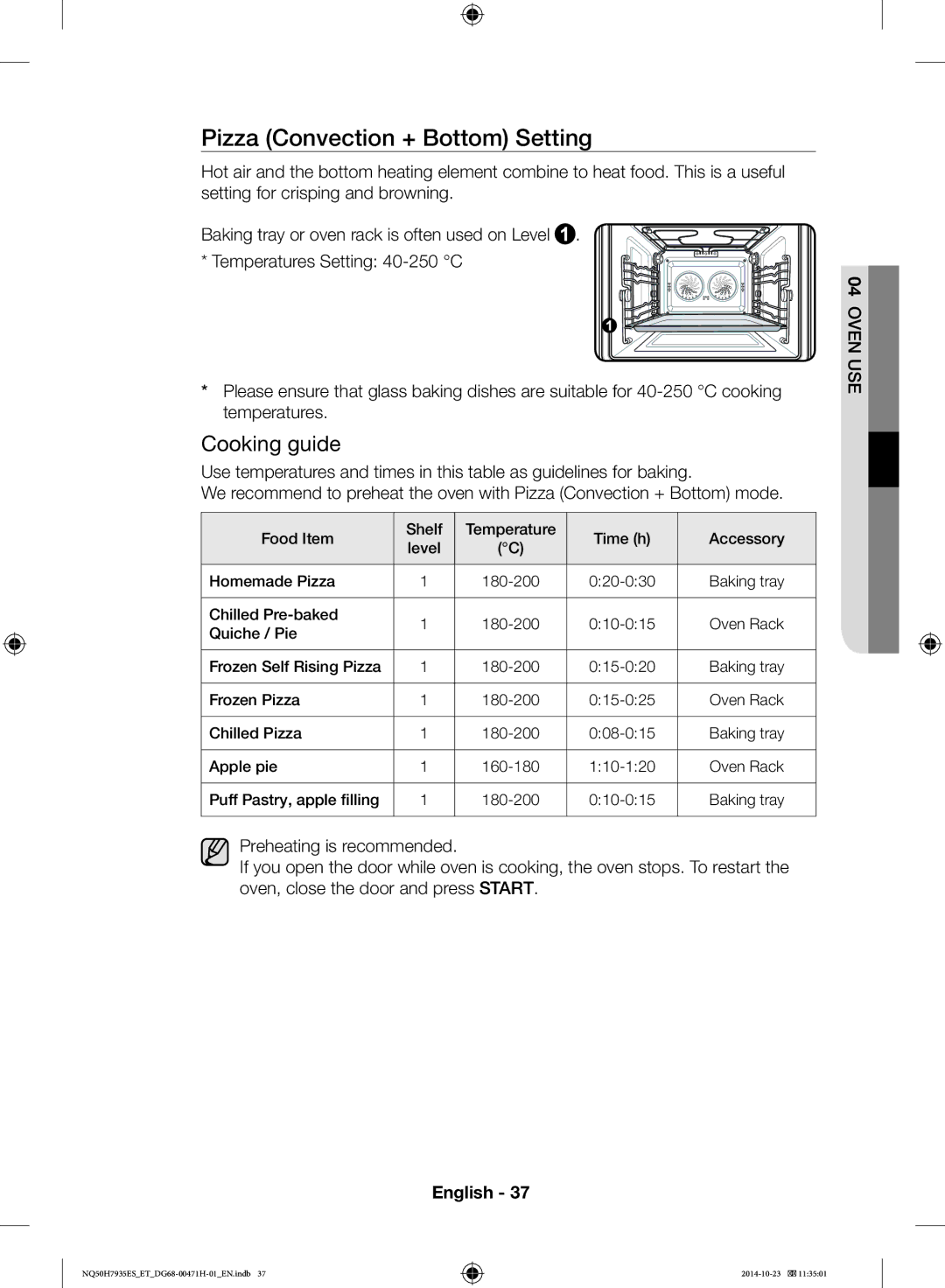 Samsung NQ50H7935ES/ET manual Pizza Convection + Bottom Setting 