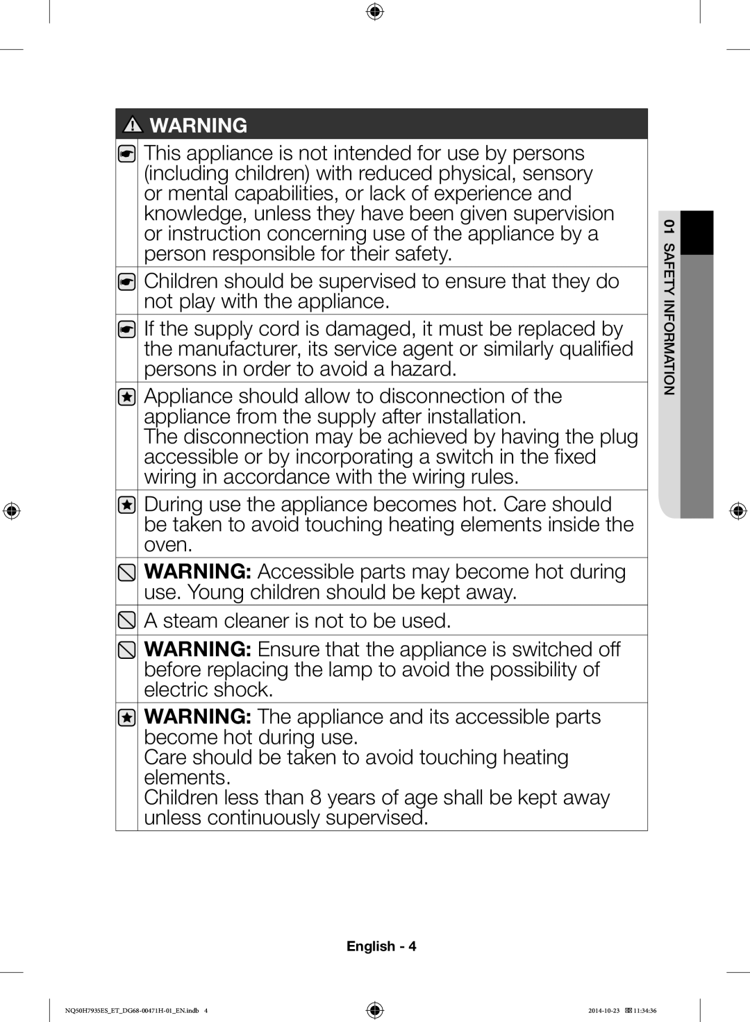 Samsung NQ50H7935ES/ET manual 01SAFETY Information 