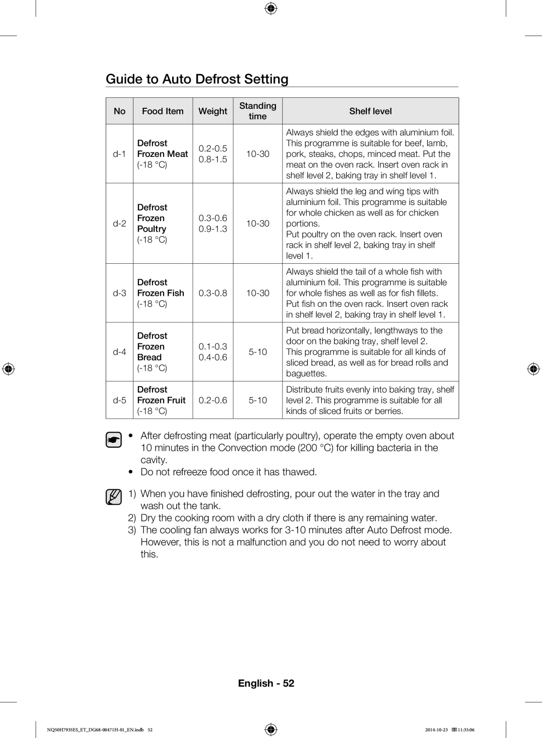 Samsung NQ50H7935ES/ET manual Guide to Auto Defrost Setting 