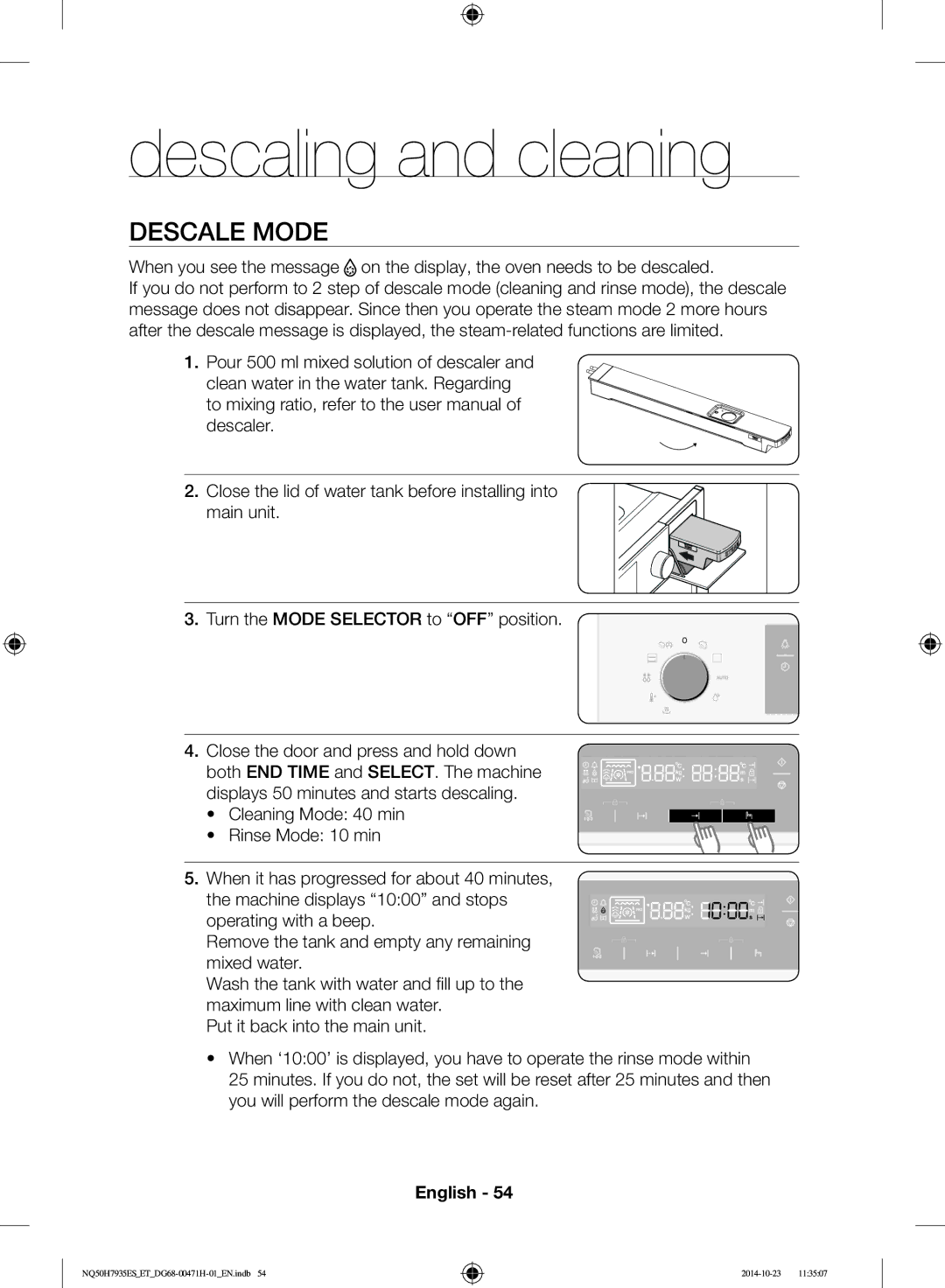 Samsung NQ50H7935ES/ET manual Descaling and cleaning, Descale Mode 