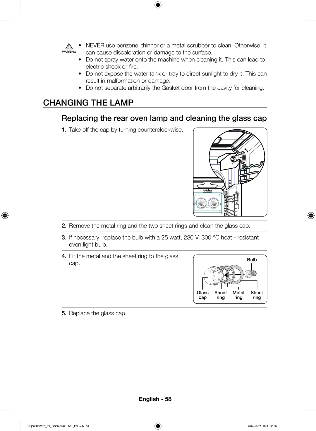 Samsung NQ50H7935ES/ET manual Changing the Lamp, Replacing the rear oven lamp and cleaning the glass cap 