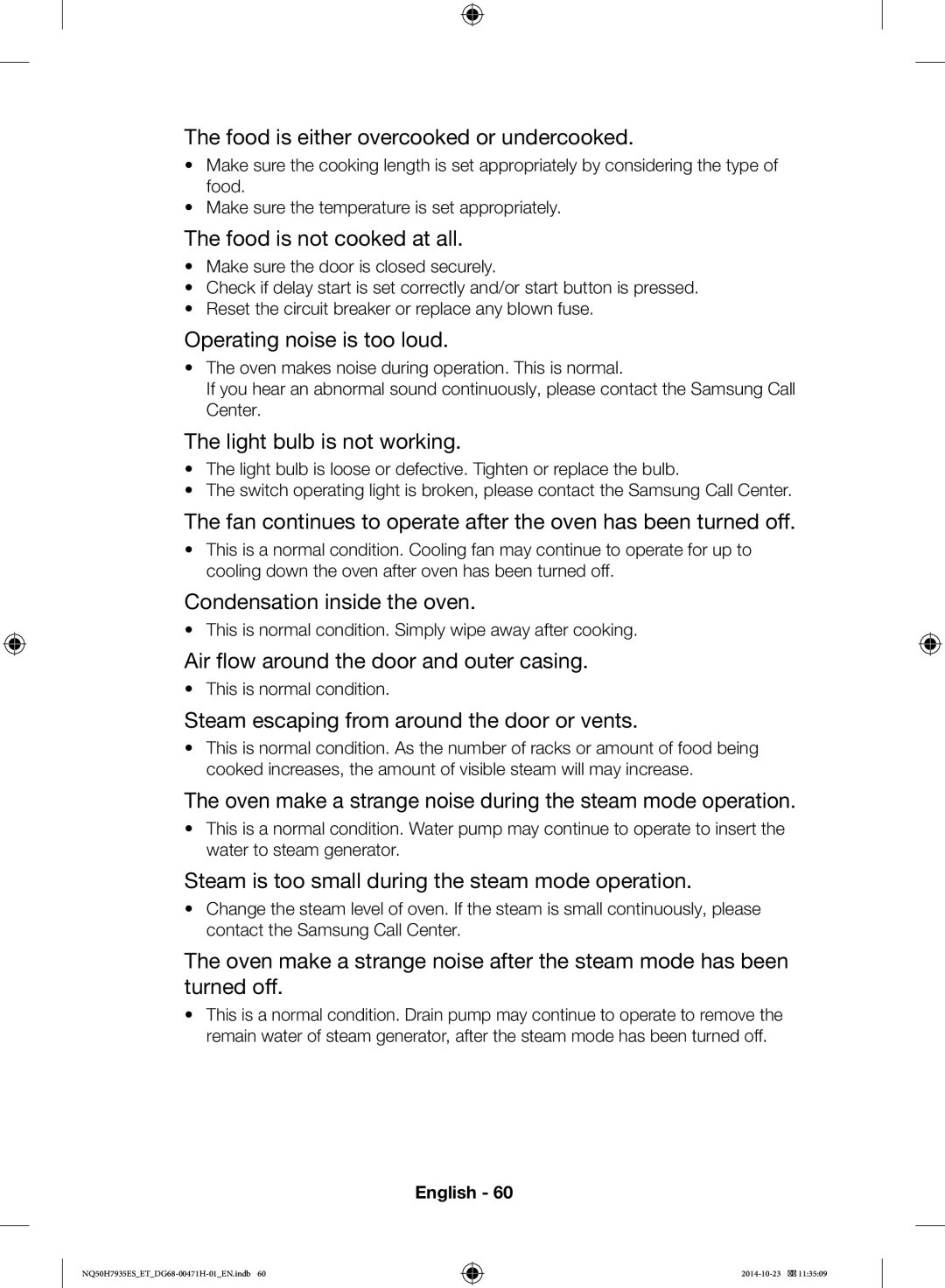 Samsung NQ50H7935ES/ET manual Condensation inside the oven 