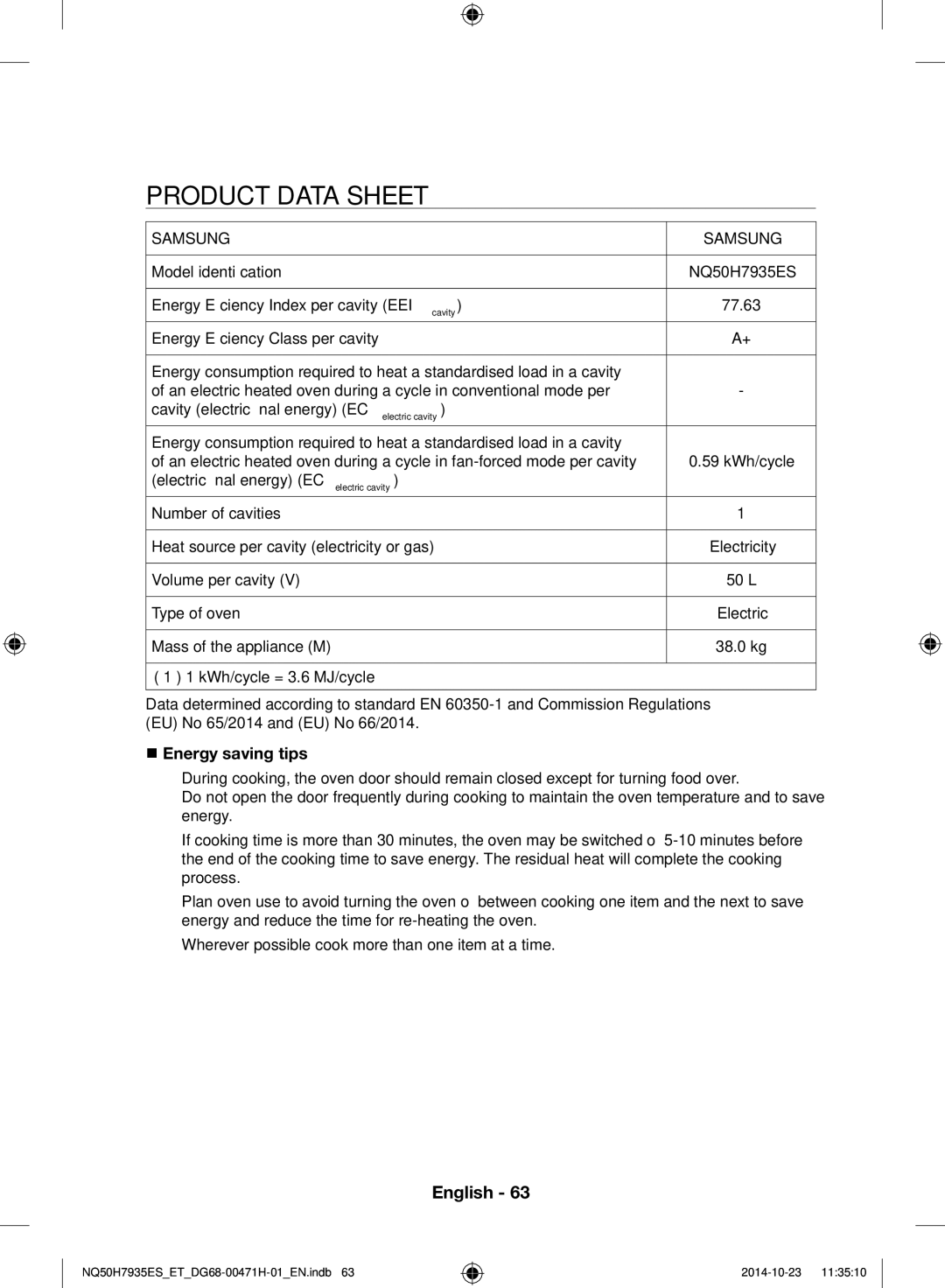 Samsung NQ50H7935ES/ET manual Product Data Sheet, Samsung 