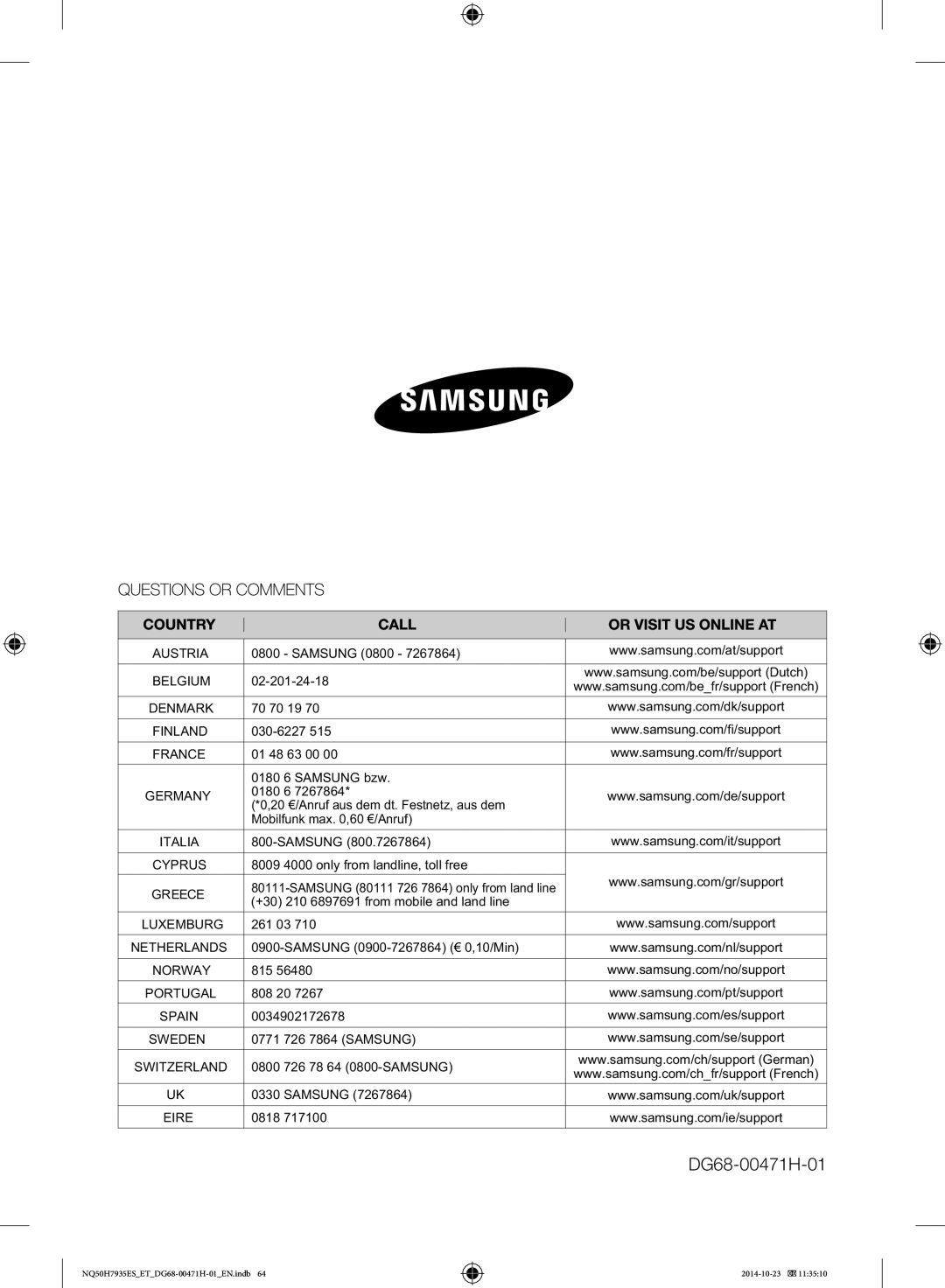 Samsung NQ50H7935ES/ET manual DG68-00471H-01 