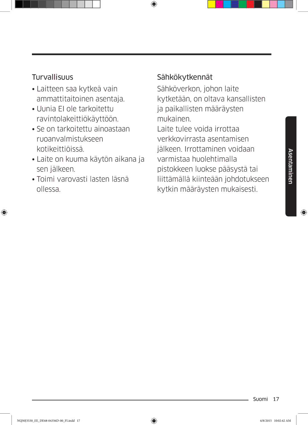 Samsung NQ50J3530BS/EE manual Asentaminen 