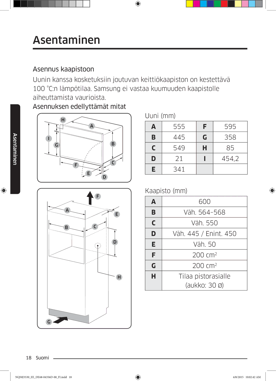 Samsung NQ50J3530BS/EE manual Uuni mm, Kaapisto mm, Väh / Enint, Tilaa pistorasialle Aukko 30 Ø 