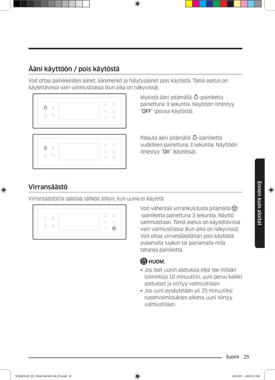 Samsung NQ50J3530BS/EE manual Ääni käyttöön / pois käytöstä, Virransäästö 