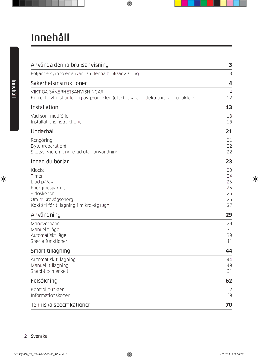 Samsung NQ50J3530BS/EE manual Innehåll, Säkerhetsinstruktioner 