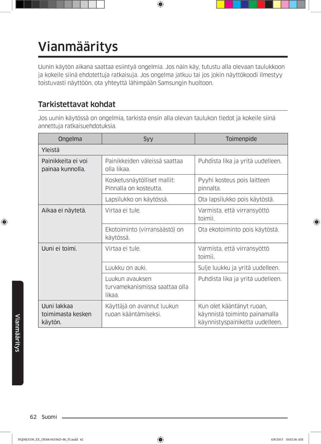 Samsung NQ50J3530BS/EE manual Vianmääritys, Tarkistettavat kohdat 