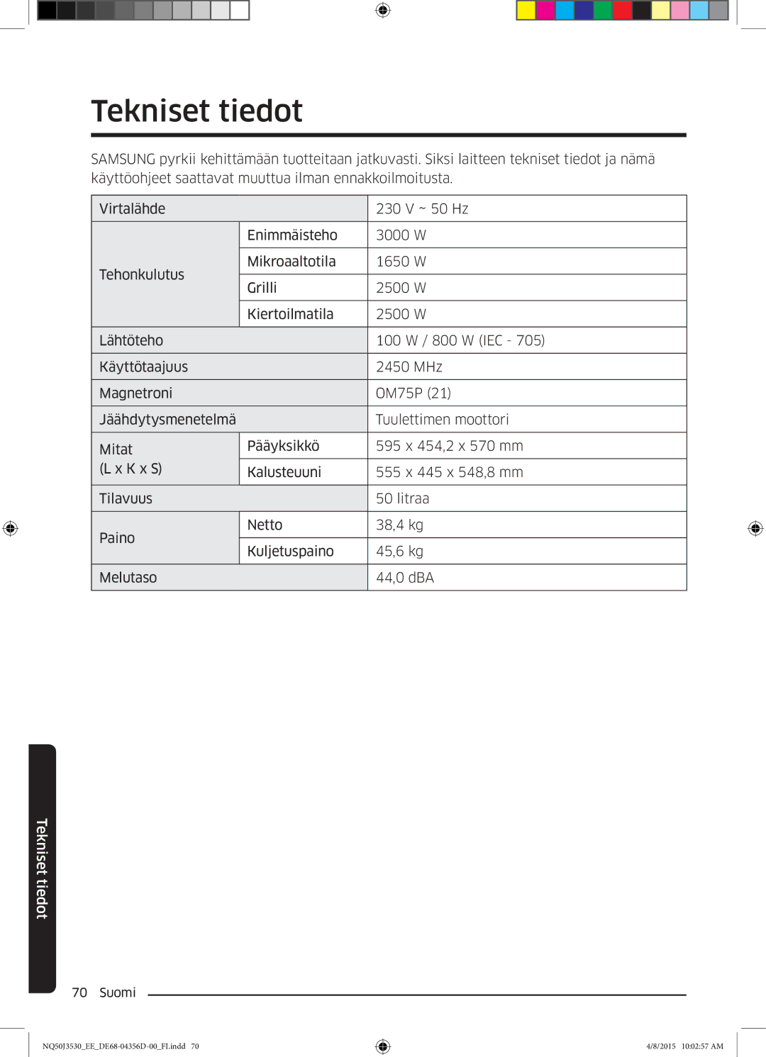 Samsung NQ50J3530BS/EE manual Tekniset tiedot 