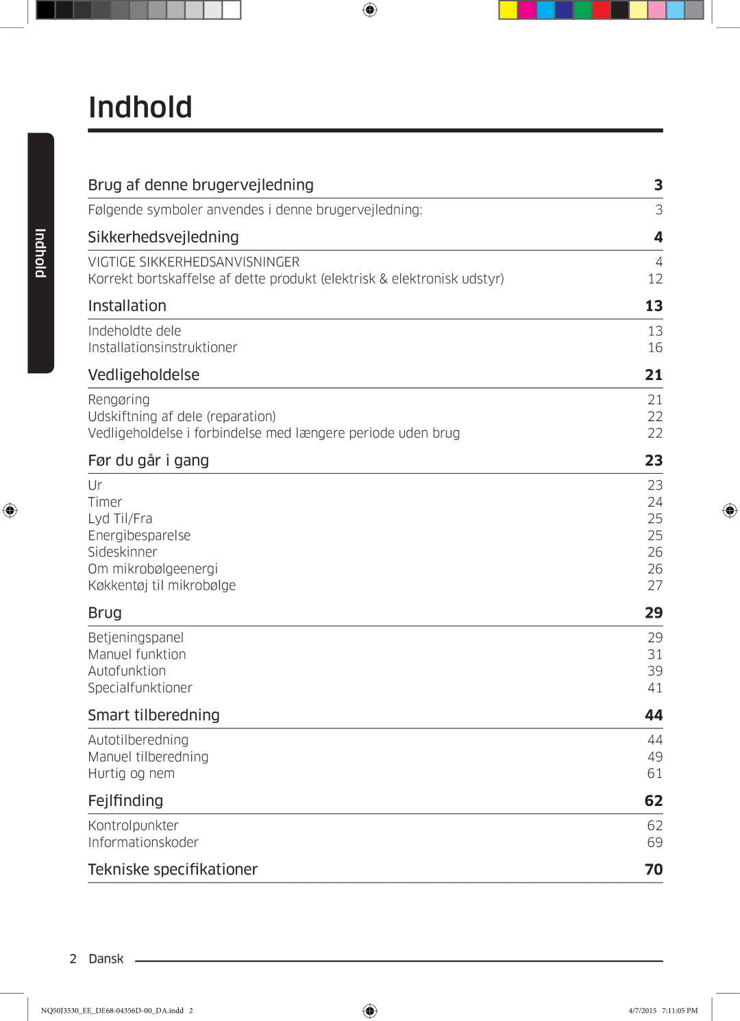 Samsung NQ50J3530BS/EE manual Indhold, Sikkerhedsvejledning 