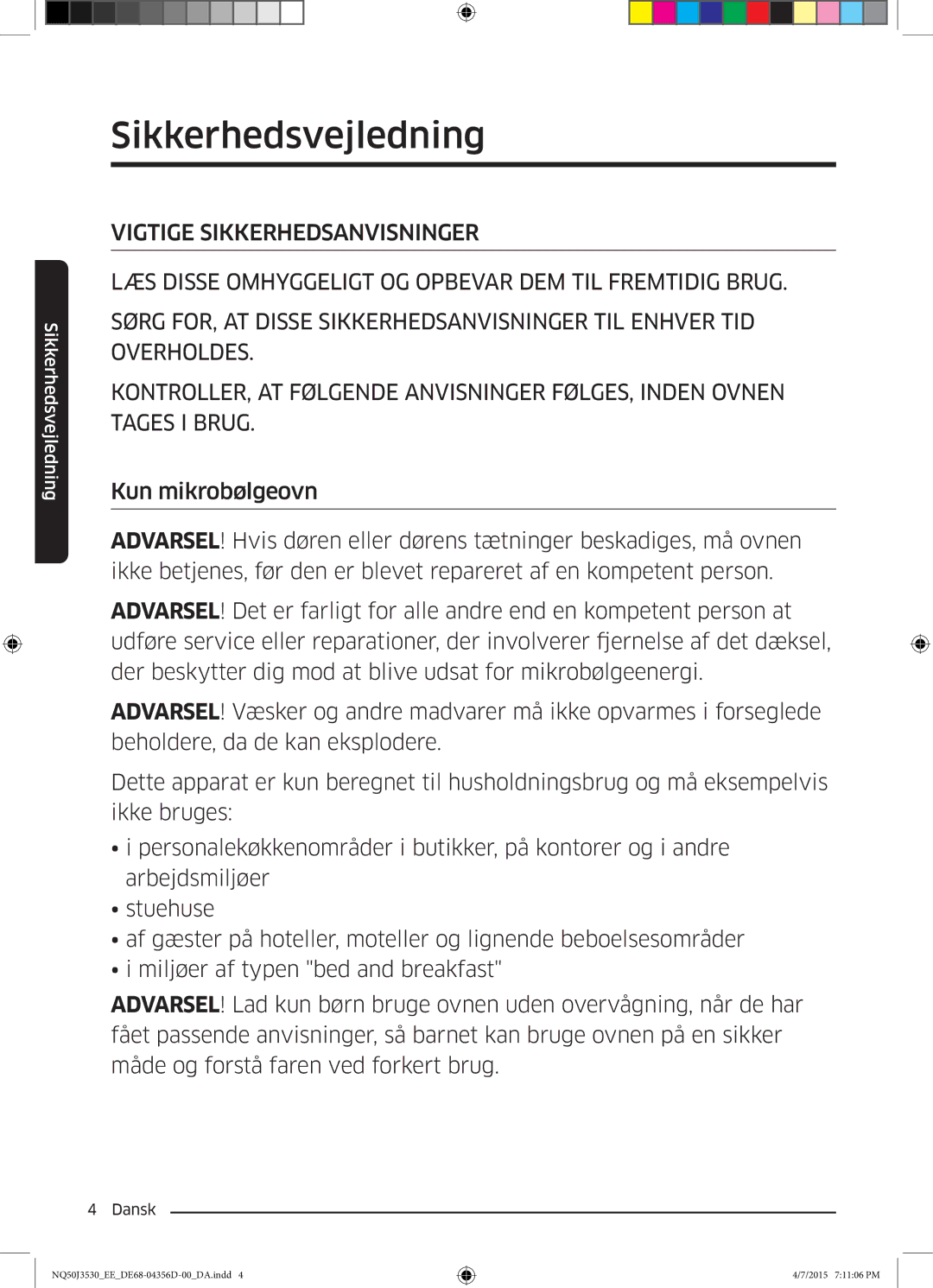 Samsung NQ50J3530BS/EE manual Sikkerhedsvejledning 