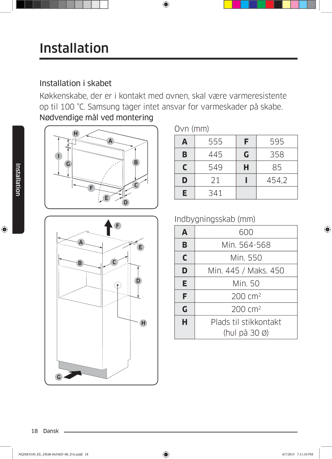 Samsung NQ50J3530BS/EE manual Indbygningsskab mm, Plads til stikkontakt Hul på 30 Ø 