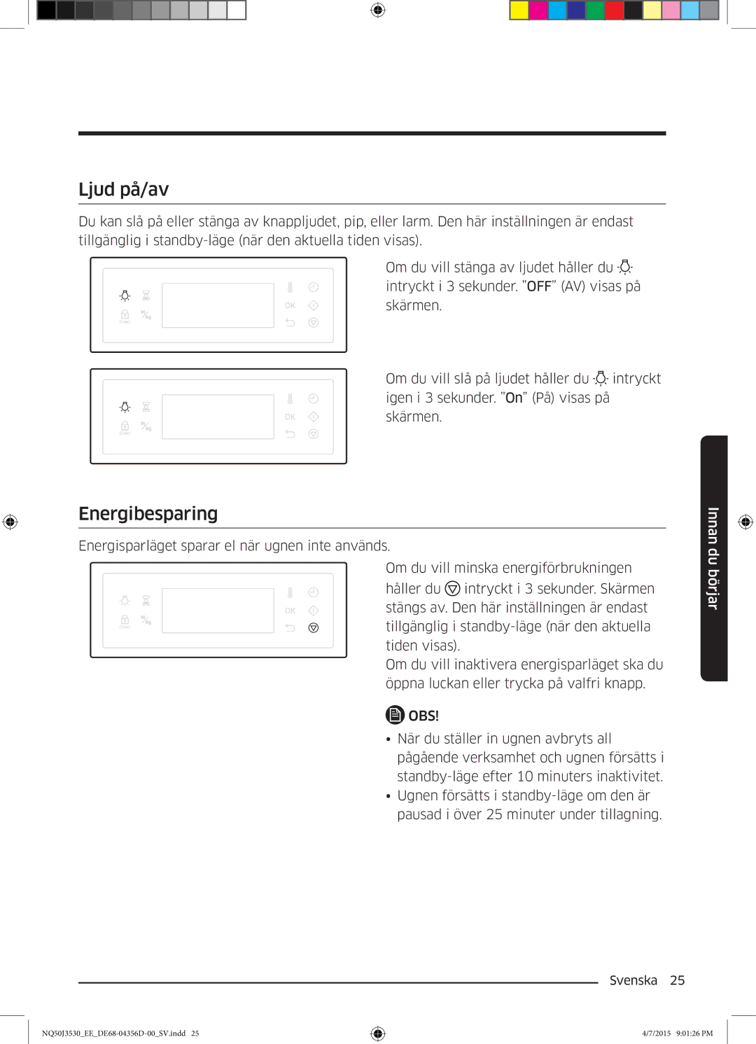 Samsung NQ50J3530BS/EE manual Ljud på/av, Energibesparing 