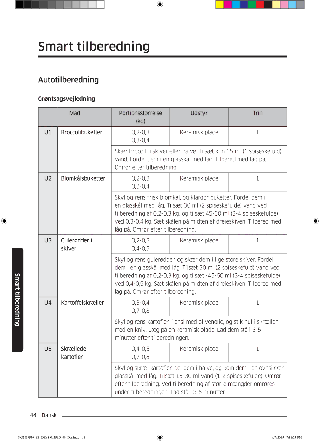 Samsung NQ50J3530BS/EE manual Smart tilberedning, Autotilberedning, Grøntsagsvejledning 