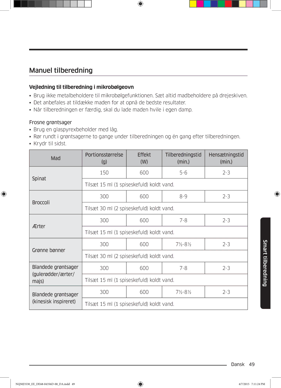 Samsung NQ50J3530BS/EE manual Manuel tilberedning, Vejledning til tilberedning i mikrobølgeovn 