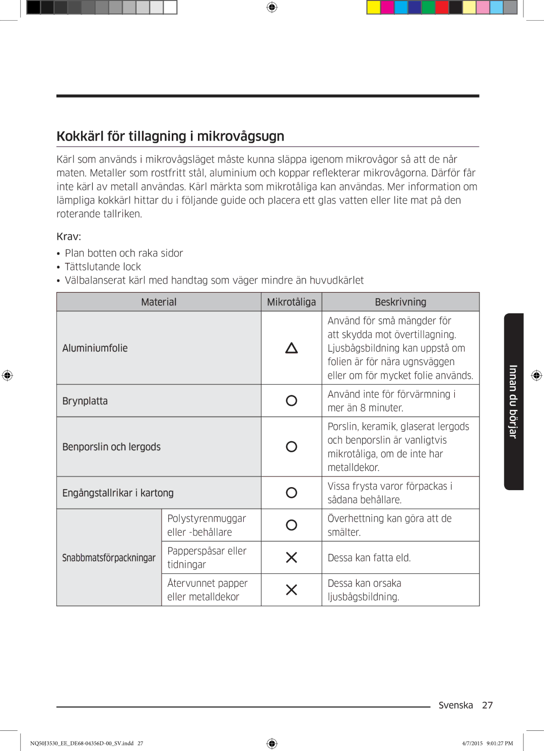 Samsung NQ50J3530BS/EE manual Kokkärl för tillagning i mikrovågsugn 