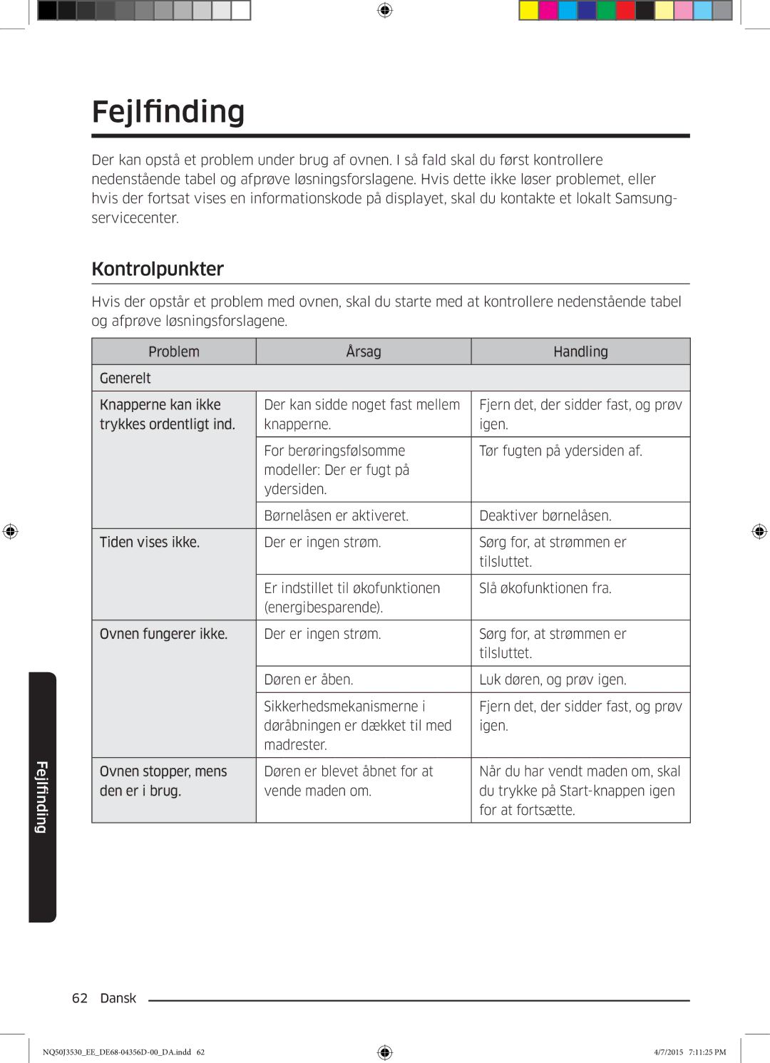 Samsung NQ50J3530BS/EE manual Fejlfinding, Kontrolpunkter 