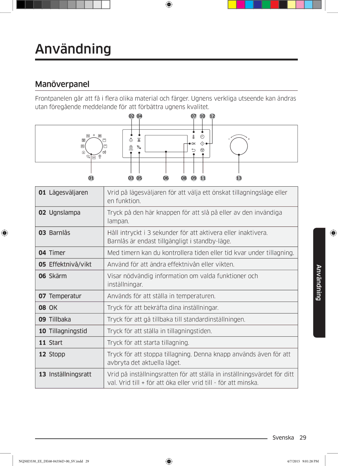 Samsung NQ50J3530BS/EE manual Användning, Manöverpanel 