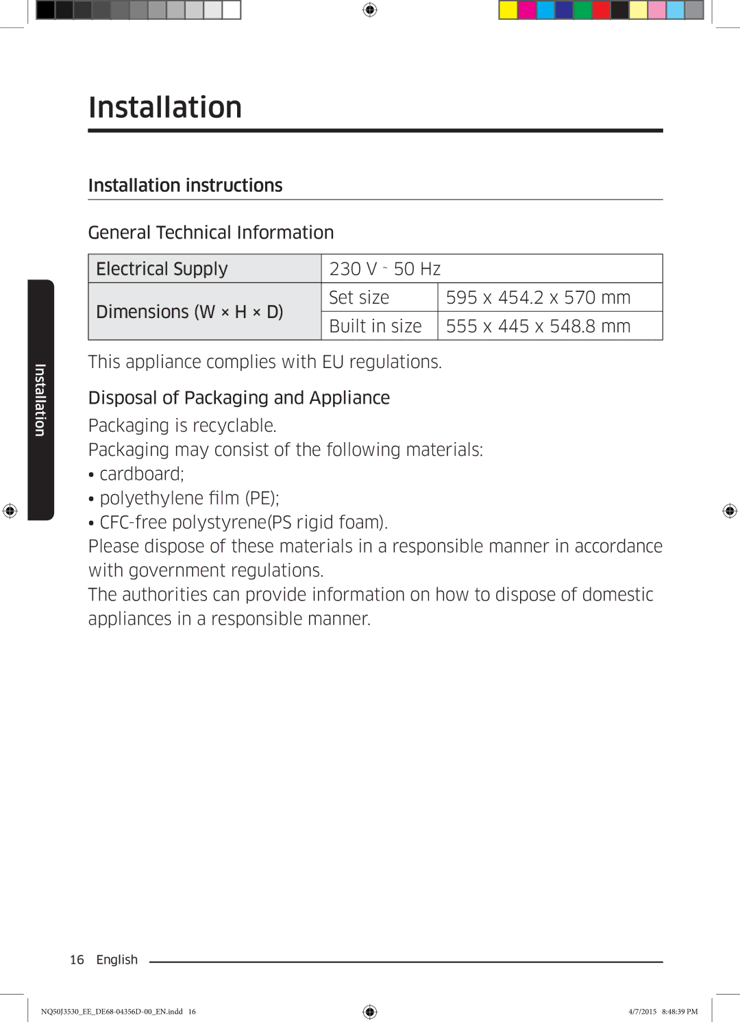 Samsung NQ50J3530BS/EE manual Installation 