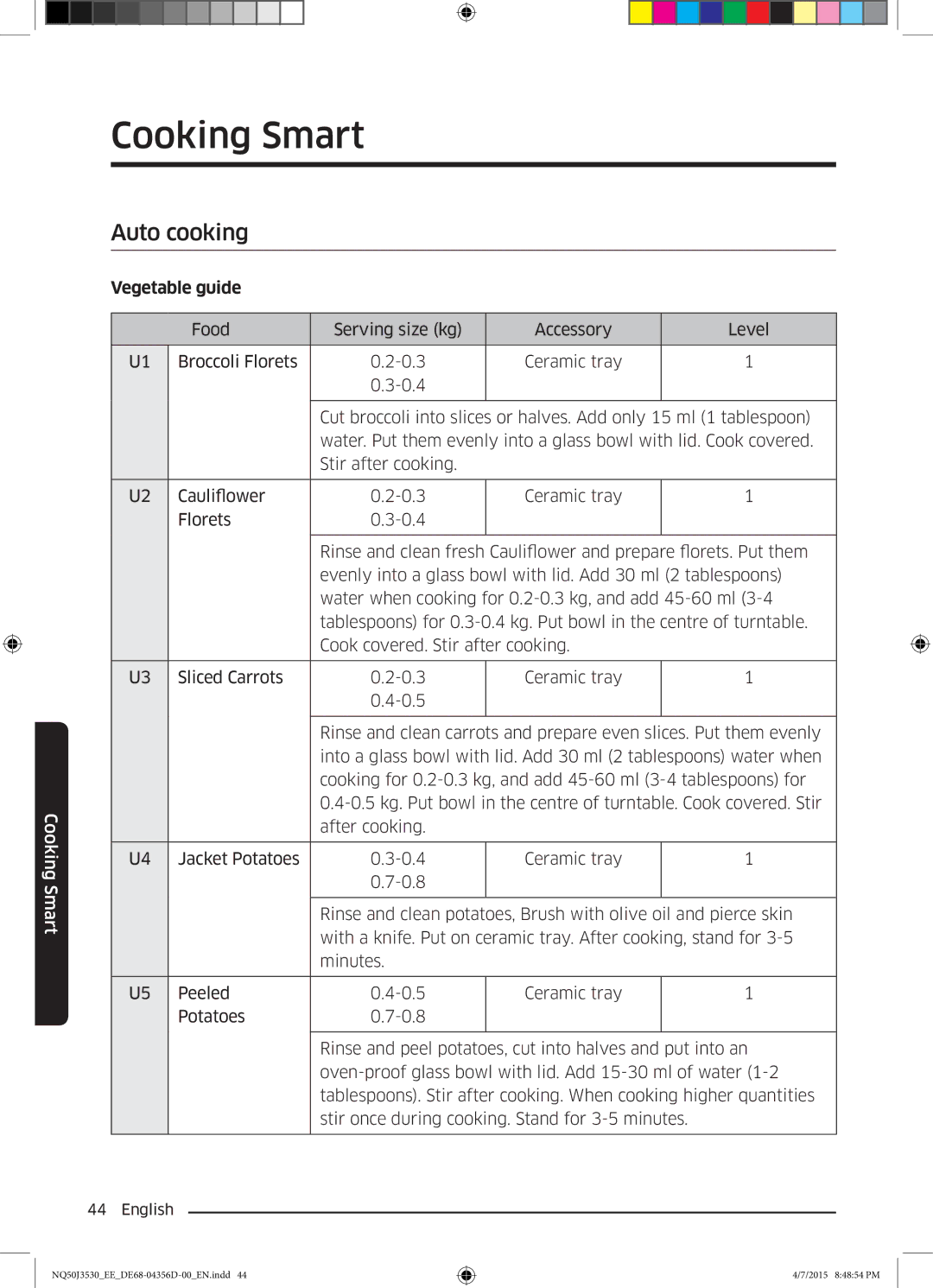 Samsung NQ50J3530BS/EE manual Cooking Smart, Auto cooking, Vegetable guide 