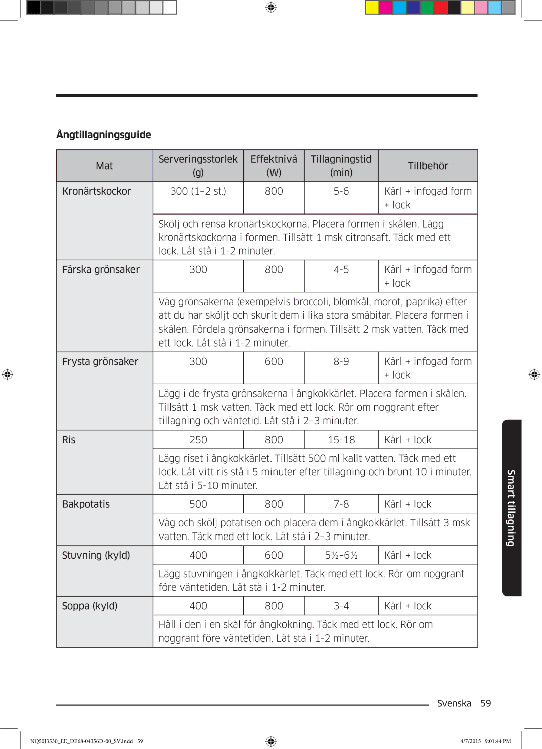 Samsung NQ50J3530BS/EE manual Ångtillagningsguide 