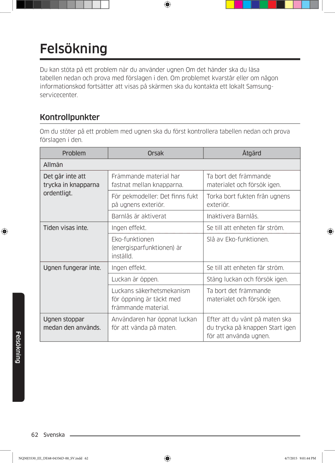 Samsung NQ50J3530BS/EE manual Felsökning, Kontrollpunkter 