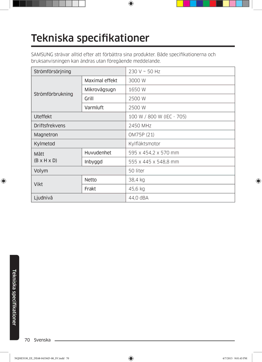 Samsung NQ50J3530BS/EE manual Tekniska specifikationer, Fikationer Tekniska speci 