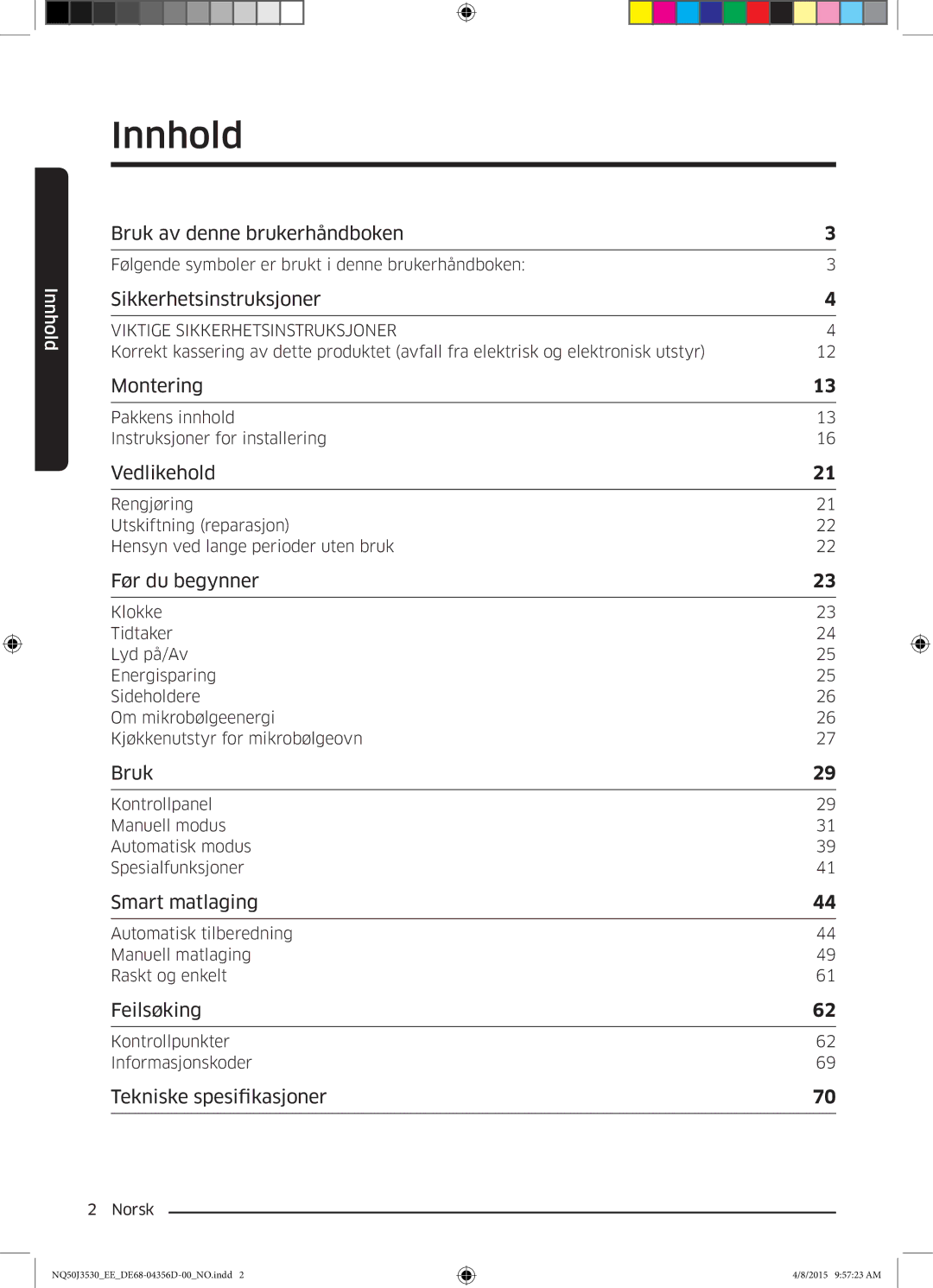 Samsung NQ50J3530BS/EE manual Innhold, Sikkerhetsinstruksjoner 