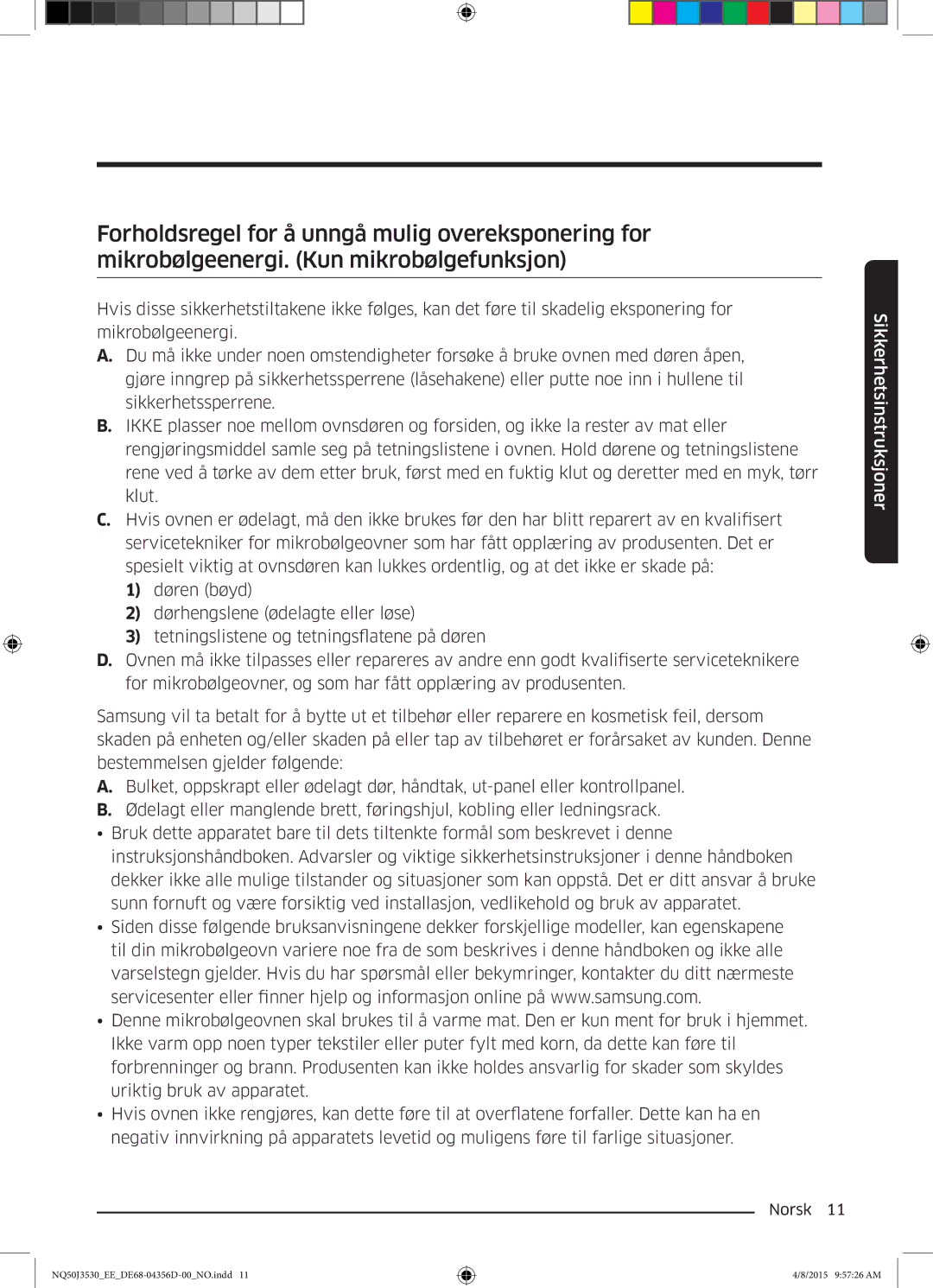 Samsung NQ50J3530BS/EE manual Sikkerhetsinstruksjoner 