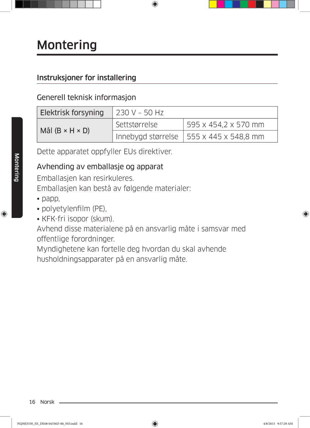 Samsung NQ50J3530BS/EE manual Montering 