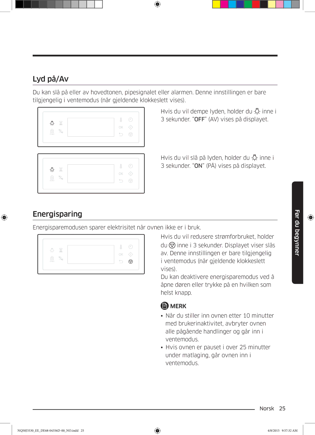 Samsung NQ50J3530BS/EE manual Lyd på/Av, Energisparing 