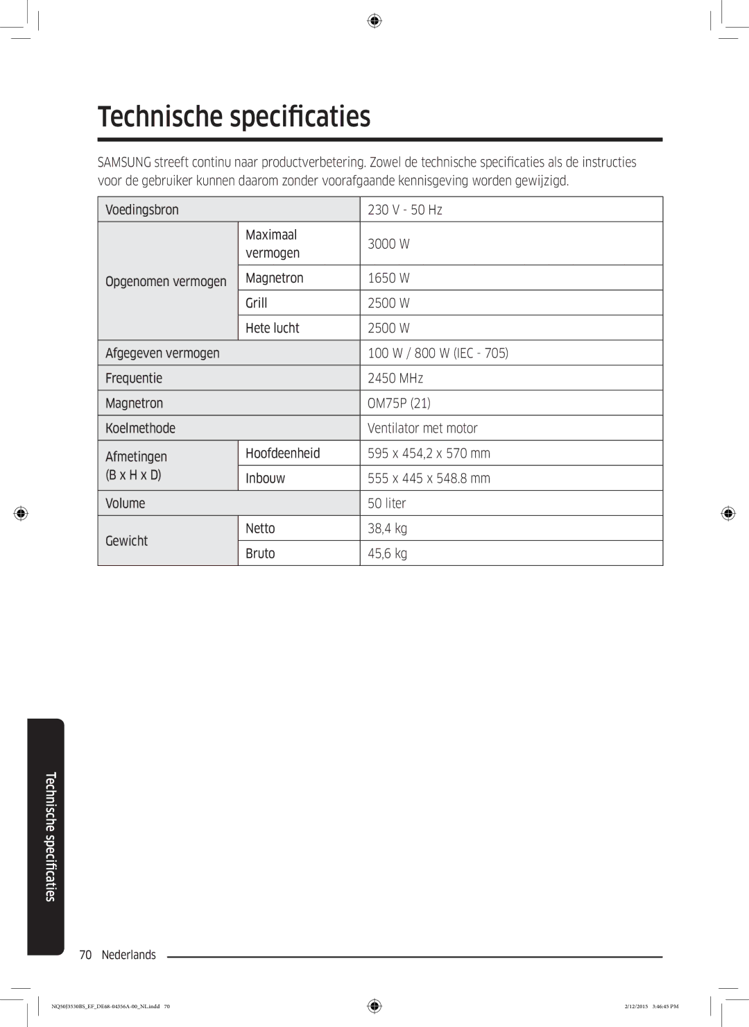 Samsung NQ50J3530BS/EF manual Technische specificaties 