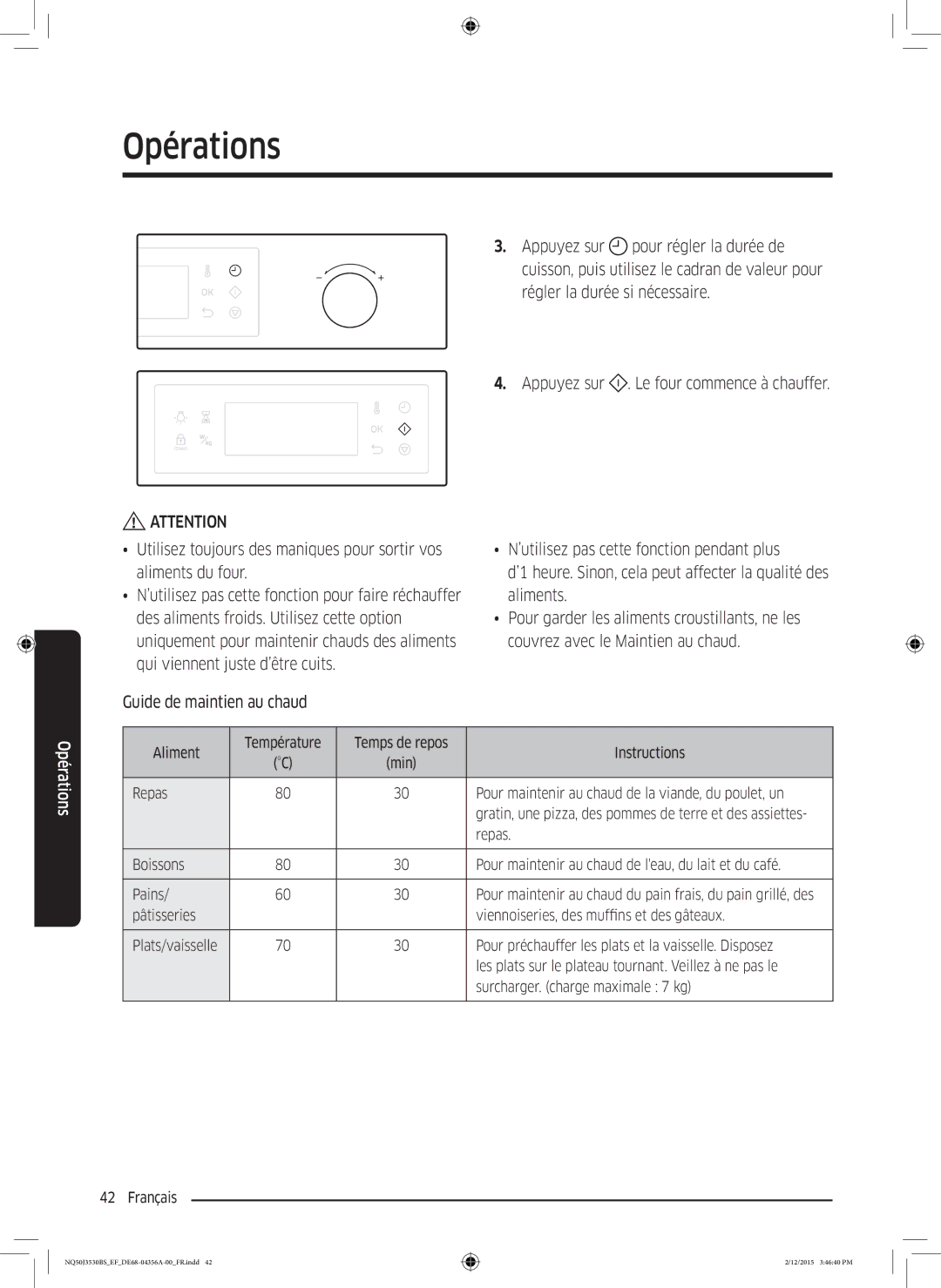 Samsung NQ50J3530BS/EF manual Aliment Température Temps de repos Instructions, Repas, Surcharger. charge maximale 7 kg 