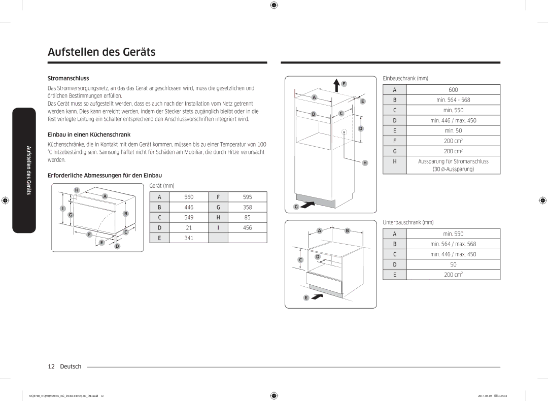 Samsung NQ50J3530BS/EG manual 456, Einbauschrank mm 600, 200 cm2, Unterbauschrank mm, Min / max 200 cm² Deutsch 