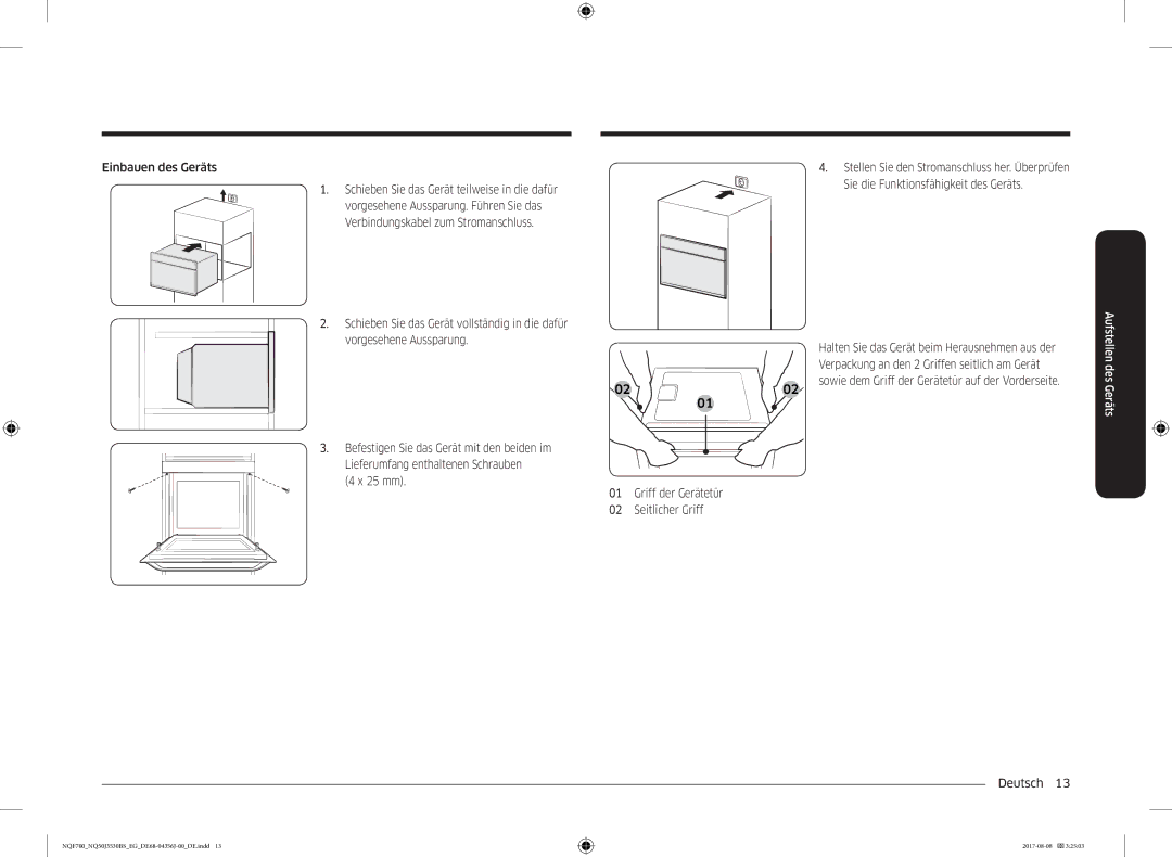 Samsung NQ50J3530BS/EG manual Einbauen des Geräts, Griff der Gerätetür Seitlicher Griff Deutsch  