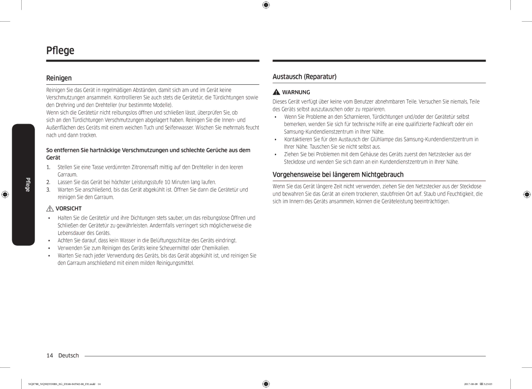 Samsung NQ50J3530BS/EG manual Pfegeleg, Reinigen, Austausch Reparatur, Vorgehensweise bei längerem Nichtgebrauch 